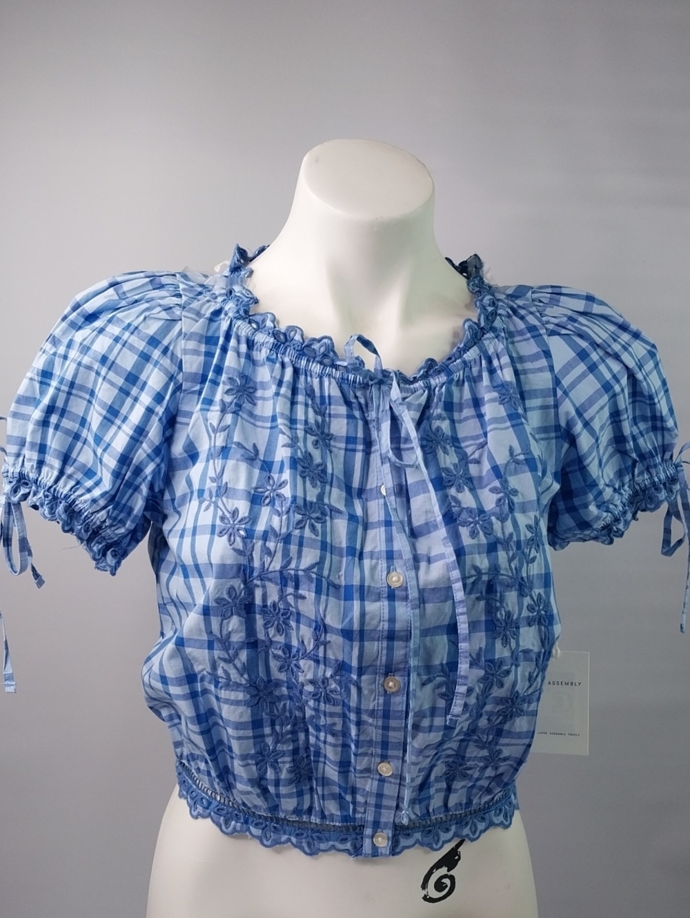 Blue Plaid Embroidered Peasant Blouse